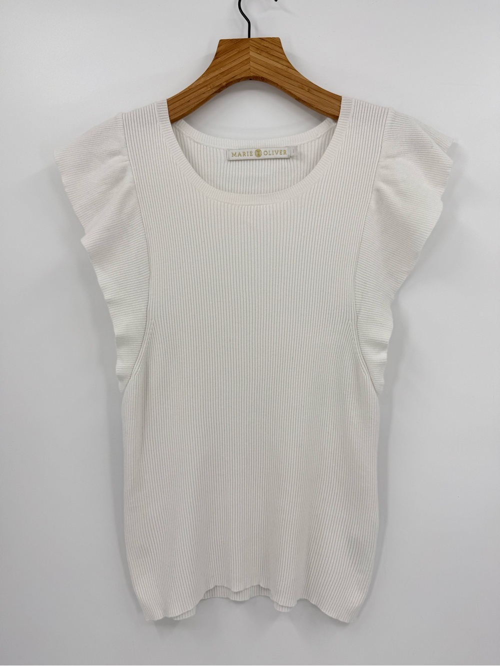 Marie Oliver Rory Top Rib Knit Ruffle Tee in Cool White Size L - Picture 2 of 10